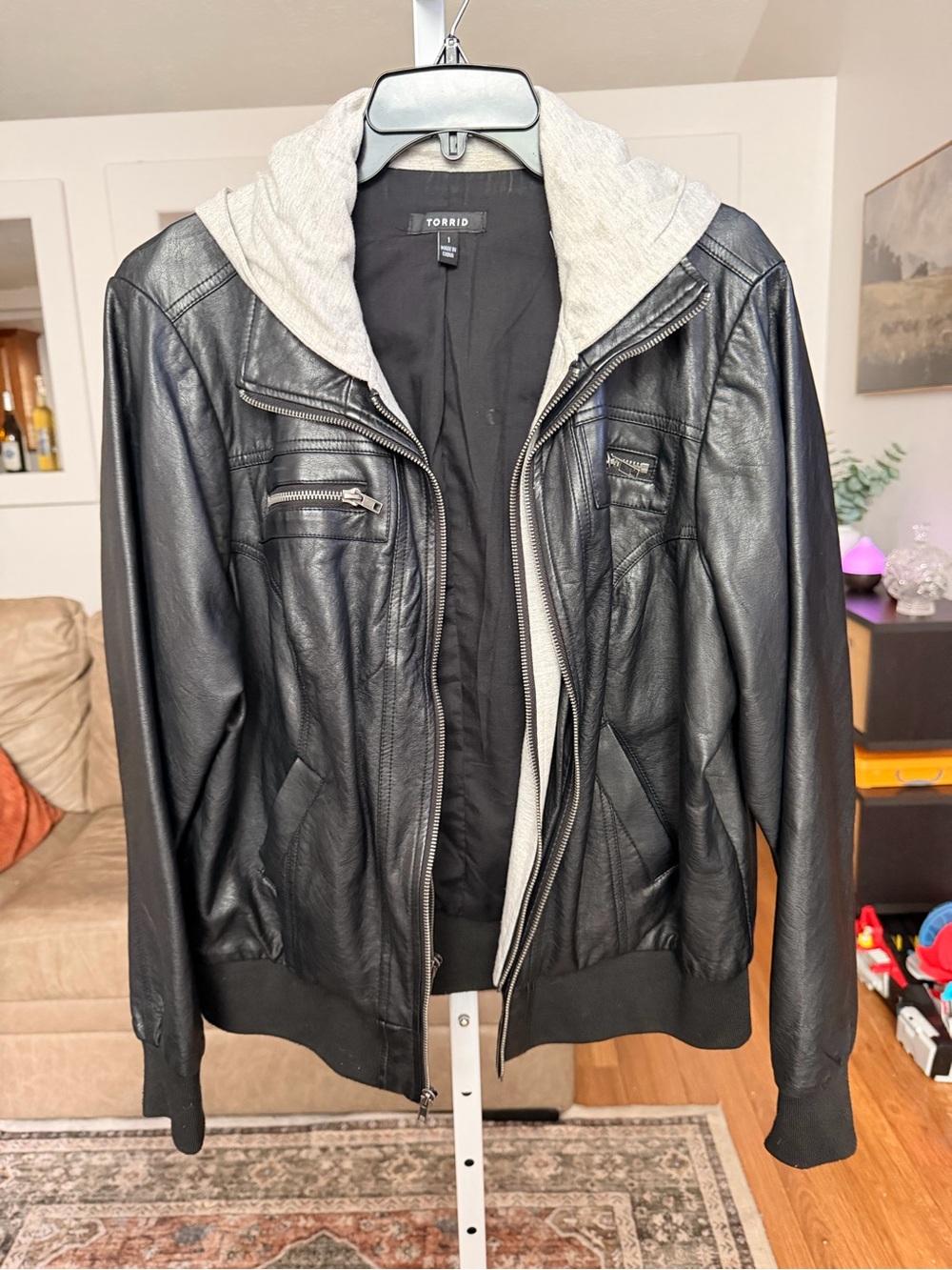 Women’s Torrid Black Faux Leather Jacket with Light Gray Hood Size 1 14/16 XL
